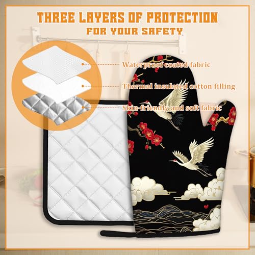 Japanese Crane Oven Mitts and Pot Holders Set (4 Count)