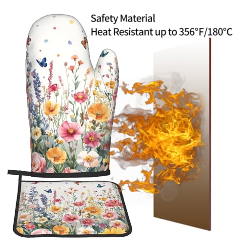 Spring Flower Oven Mitts and Pot Holder Kitchen Accessories Sets Botanical Floral Heat Resistant BBQ Cooking Oven Gloves Washable Hot Pads (Botanical Floral)