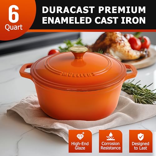 MUELLER HOME 6 Quart Enameled Cast Iron Dutch Oven for Bread Baking (6 Quart -Round / Orange)
