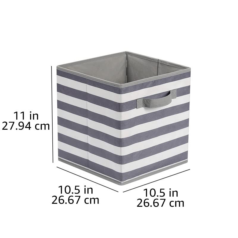 Collapsible Fabric Storage Bins with Handles (White/ Light Grey Stripe / 10.5"x10.5"x11")