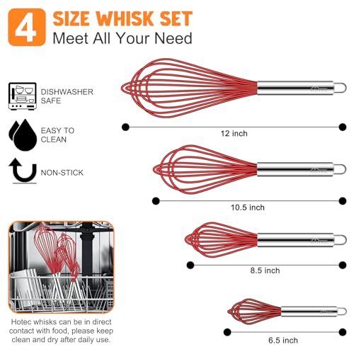 4 Pieces Silicone Whisks Set (Red,Silver)