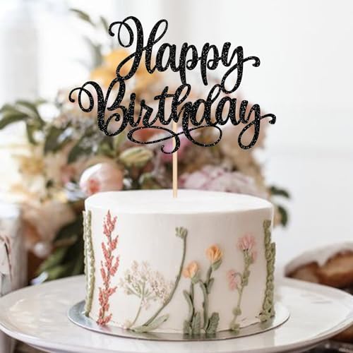 1 PCS Happy Birthday Cake Topper Glitter Happy Birthday Cake Pick Bunting Decor for Anniversary Celebrating Happy Birthday Party Cake Decorations Supplies Black