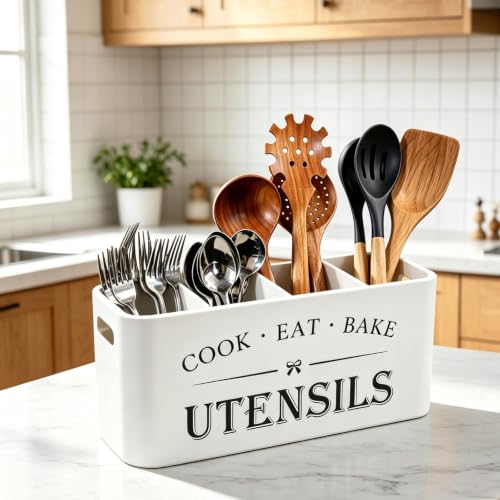 Wooden Kitchen Utensil Holder Organizer for Counter or Countertop (white / 4 Compartment)