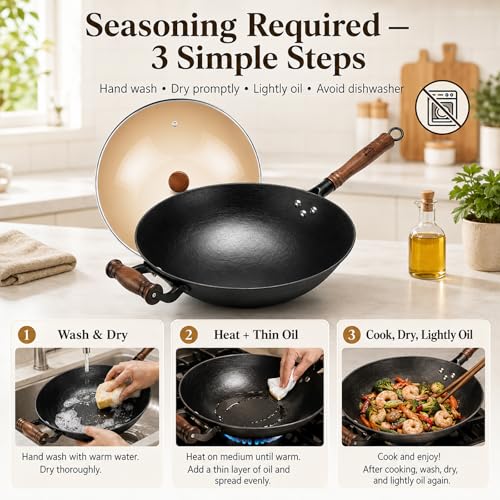 12.6 Inch Round Bottom Cast Iron Wok with Glass Lid (12.6 Inch Round Bottom)