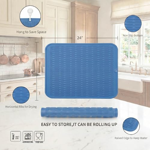 Silicone Dish Drying Mat for Multiple Usage (Lichen Blue / 24"L x 18"W)