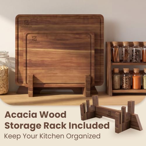 Large Acacia Wood Cutting Board Set for Kitchen with Storage Stand (Brown)