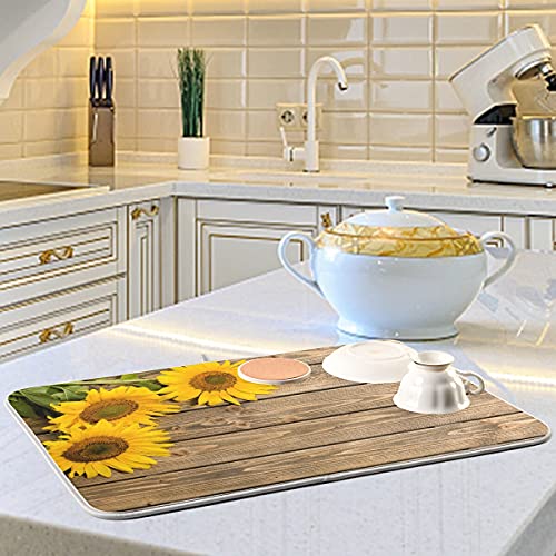 Super Absorbent Dish Drying Mat (Sunflowers On The Wooden / 18" x 24")