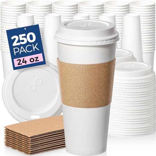 250 Pack 24 oz Disposable Coffee Cups with Lids (24 oz / Classic)