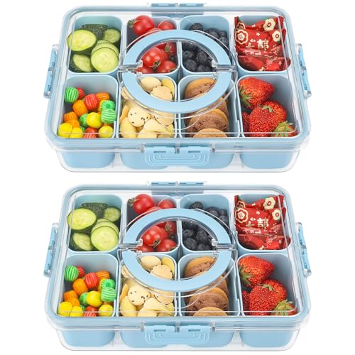 2Pcs Snackle Box Snack Containers with Lid Divided Serving Tray with Handle (8 Compartments-2pcs / Blue)