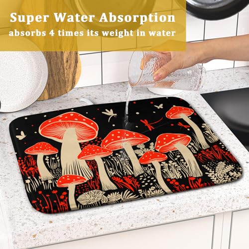 Red Mushroon Dish Drying Mat for Kitchen Counter Black Microfiber Absorbent Dish Pad Small (Red Mushroon 729 / 18" x 16")