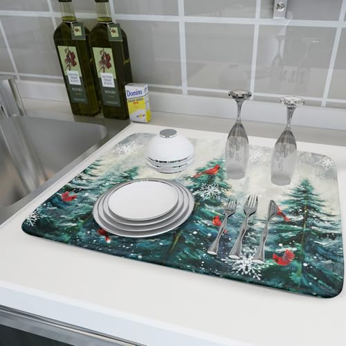 Pine Tree Dish Drying Mat for Kitchen Countertop Red Bird Dishes Mats Winter Decorative Absorbent Reversible Drainer Rack Pad 18x24 Inch (Pine Red Bird / 18" x 24")
