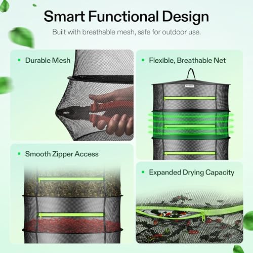 6 Layer Mesh Drying Rack Hanging Design with Green Zippers for Dehydrating