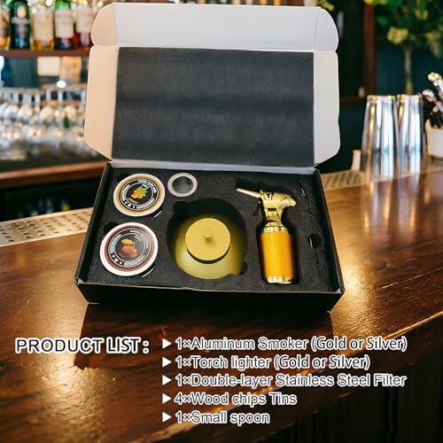 Silver Cocktail Smoker Kit with Torch Metal Bourbon Whiskey Smoker Kits Metal Old Fashioned Drink 4 Wood Chips Valentines Anniversary Birthday Gifts for Men (Silver with Torch)