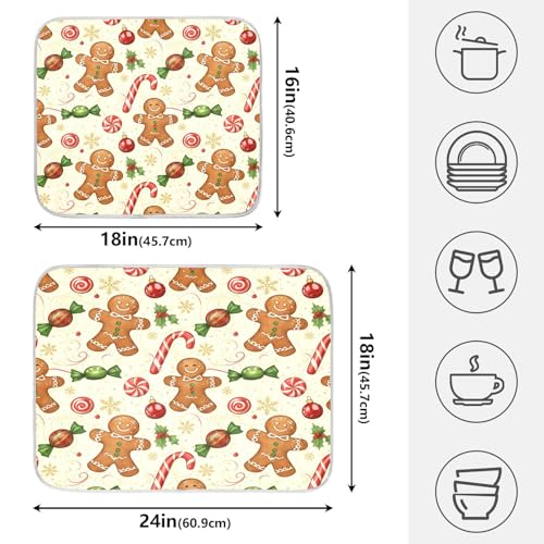 Christmas Gingerbread Cookie Man Sugar Dish Drying Mat for Kitchen Counter Absorbent Microfiber Small Drying Pad Dish Mats for Kitchen Countertops 16 x 18 Inch (18" x 16")