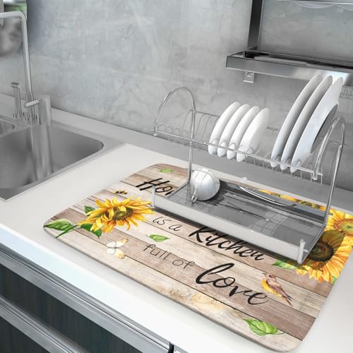 Sunflower Floral Dish Drying Mat for Kitchen Countertop 18x24 inch Rustic Wood Washable Microfiber Absorbent Dishes Drainer Rack Pad (Sunflower Wood Home / 18" x 24")