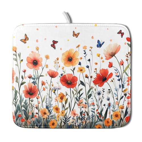 Poppy Flower Dish Drying Mat 16x18 Inch Floral Leaves Dish Drainer Protector Pad Washable Reversible Drying Pad for Kitchen Counter Sink (Poppy Flower / 16" x 18")