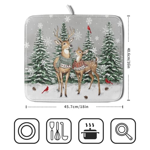 Winter Deer Dish Drying Mat Pine Tree Absorbent Dish Dry Pad Seasonal Microfiber Dish Drainer Mats for Kitchen Counter Coffee Bar 16x18 in (Deer Pine Tree / 16" x 18")