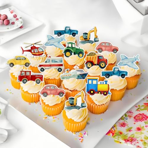 48Pcs Edible Transportation Cupcake Toppers Edible Cute Airplane Train Vehicle Boat Tractor Cupcake Picks for Transportation Theme Baby Shower Kids Birthday Party Decorations (Transportation)
