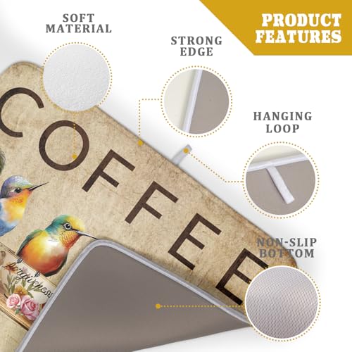Retro Birds Dish Drying Mat Cups Coffee Mat for Counter Home Coffee Bar Decor Large (Bird Cups 511 / 24" x 18")