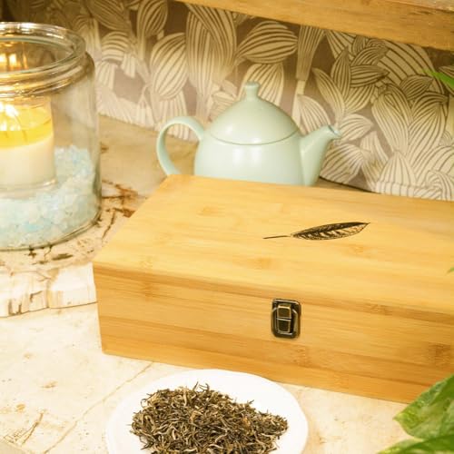 Bamboo Tea Organizer Box Chemical Free Eco (8-Slot Rectangular / Tea Leaf Stamp)