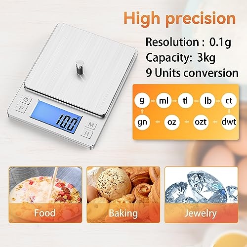 Upgraded Small Food Scale with 0.1 g (0.1g/3kg Silver)