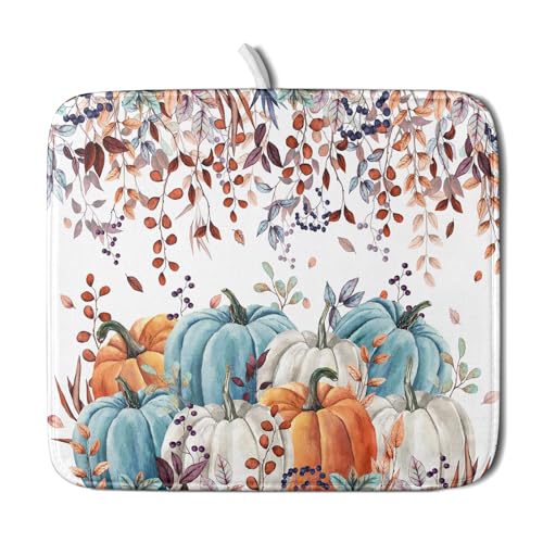 Fall Orange Pumpkin Dish Drying Mat Eucalyptus Leaves Drainer Rack Pad 16"x18" Microfiber Quick Dry Dish Sink Mat for Kitchen Counter Decor (Orange Pumpkin / 16x18 inch)