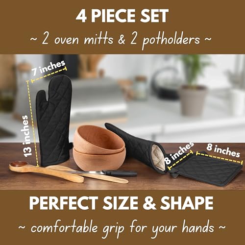Pot Holders and Oven Mitts Sets for Kitchen Heat Resistant (Black)