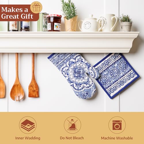 Maison d'Hermine Oven Gloves 100% Cotton Oven Mitt (014 - Melodie Bleue / 7.5" x 13" (Oven Mitt))
