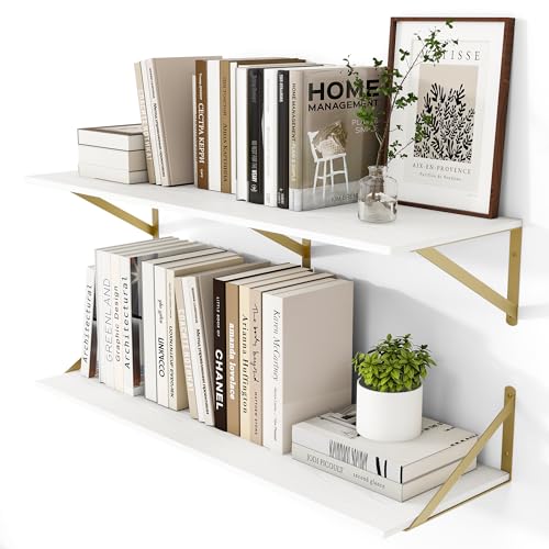 36W x 12D Deep Floating Shelves Set of 2 White & Gold (White With Golden Bracket / 36Wx12Dx5.8H)
