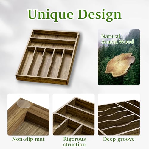 Acacia Wood Silverware Drawer Organizer (7 Slots)
