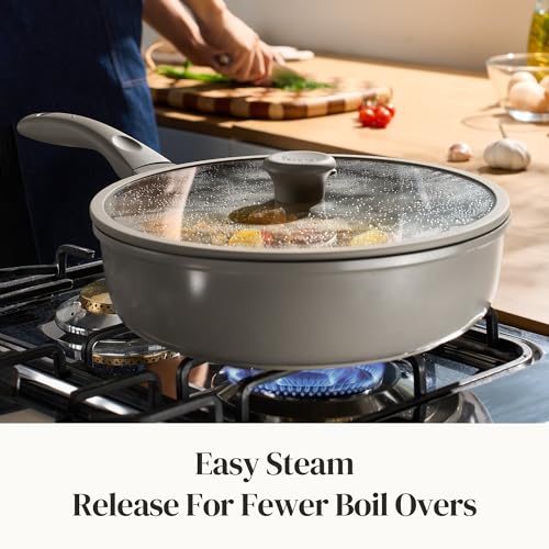 Ceramic Coated Nonstick Frying Pan with Cover (Gray / 12inch Saute Pan With Lid)