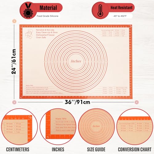 Silicone Pastry Mat 36x24 Inch Extra Large Baking Mat with Measurements (Orange / 24"L x 36"W)