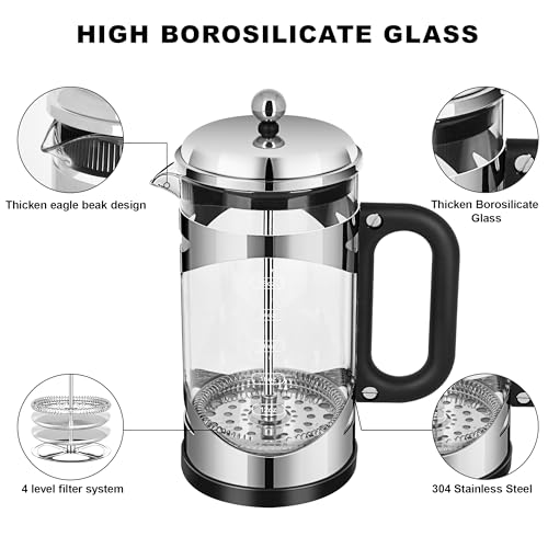 34 Ounce French Press Coffee Maker Chromium Stainless Steel Coffee Press (Silvery-R / 34 oz)