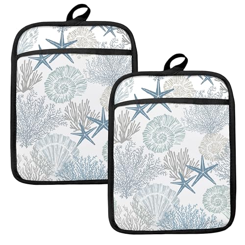 Coastal Beach Seashell Coral Starfish Oven Mitts Set (Haodh-8)