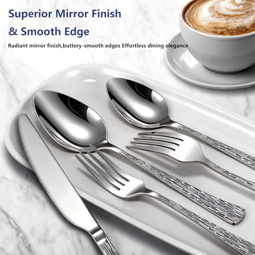 60Piece Hammered Silverware Set (60Pcs Tree Pattern Handles)