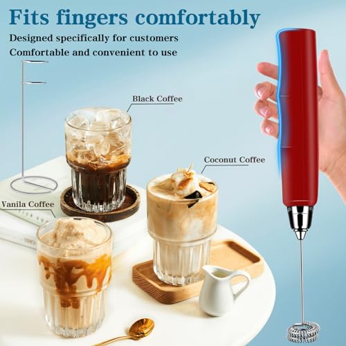 Milk Frother Wand Rechargeable Handheld Whisk Coffee 3 Speed Adjustable (Frother with stand / Red)