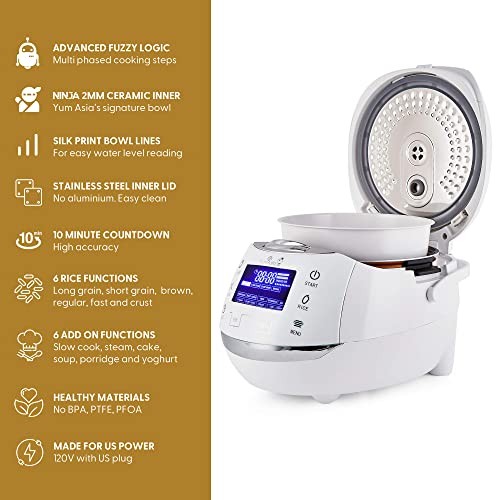 Sakura Rice Cooker with Ceramic Bowl and Advanced Fuzzy Logic (White and Silver)