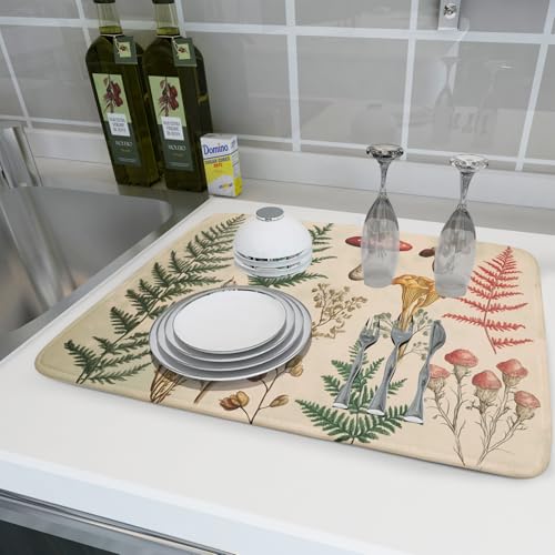Ferns Mushrooms Dish Drying Mats Woodland Forest Microfiber Drying Pad Reversible Drainer Mats 18 X 24 Inch (Ferns Mushrooms 1101 / 24" x 18")