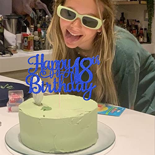 1 PCS Happy 18th Birthday Cake Topper Glitter Cheers to 18 Years Birthday Cake Pick 18 Fabulous Cake Decoration for Happy 18th Birthday Theme Party Decorations Supplies Blue (Blue / 18th)