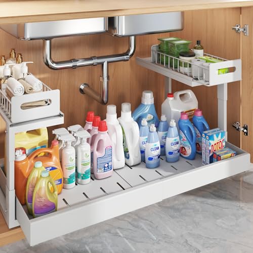 1 Pack-19"-32"W Expandable Under Sink Organizer With Upgrade Ball-Bearing Slide,2-Tier Pull Out Under Cabinet Organizer Height Adjustable,Not Suitable For Cabinets With Partitions In The Middle (1 Pack-19"-32"W / White)
