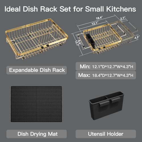 Gold Expandable Dish Drying Rack Over Sink with Extra Drying Mat (Gold / For 13"-30" W Sink with Mat)
