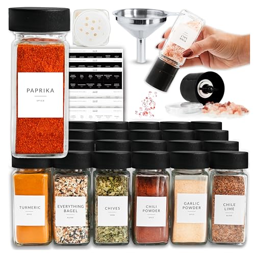 Glass Spice Jars with Label 24 PK (Square Spice Jars with Black Lids)