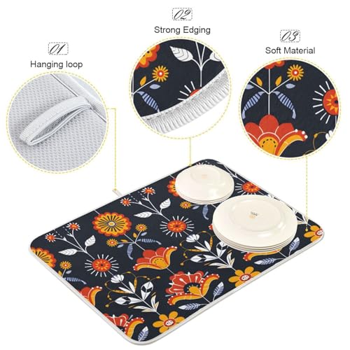 Floral Traditional Folk Art Dish Drying Mat for Kitchen Counter Absorbent Microfiber Drying Pad (18" x 24")