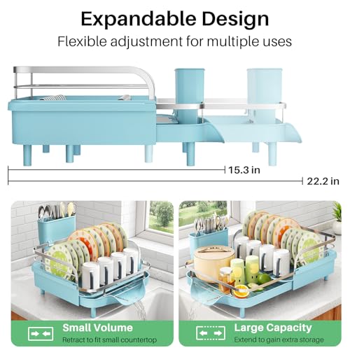 Expandable Dish Drying Rack for Small Kitchen Counter (Blue)