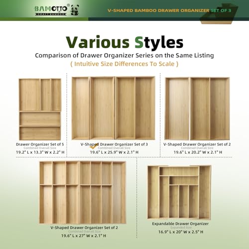 Large Long V Shaped Bamboo Drawer Organizer Set of 3 (Bamboo (V-Shaped 3 Piece Set) / 19.6" L x 25.9" W x 2.1" H)
