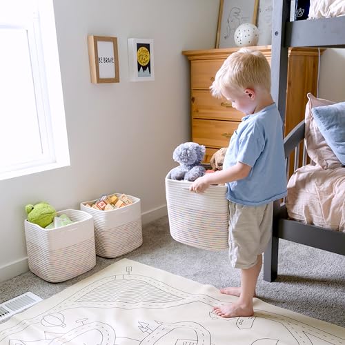 13 Inch Cube Storage Bins Cotton Rope Woven Baskets for Organizing 3 (Off White & Rainbow Stitching / 13 x 13 x 13 (Standard))