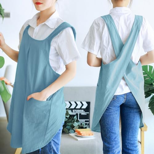 Japanese Cotton Cross Back Kitchen Cooking Aprons for Women with Pockets Cute for Baking Painting Gardening Cleaning Sky Blue (10 - Women's Light Blue)
