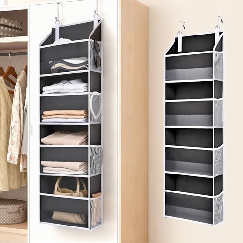 1 Pack Small Over Door Organizer with 4 Large Pockets 8 Mesh Side Pockets (Dark Grey / 1 Pack-4 Tier)
