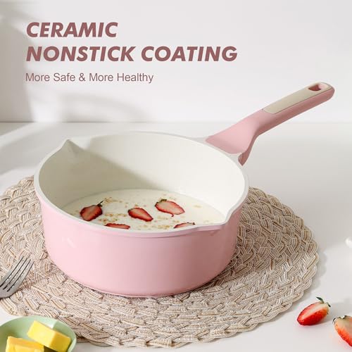 Ceramic Nonstick Saucepan with Double Pouring Spout (Sakura Pink / 3 Quarts)