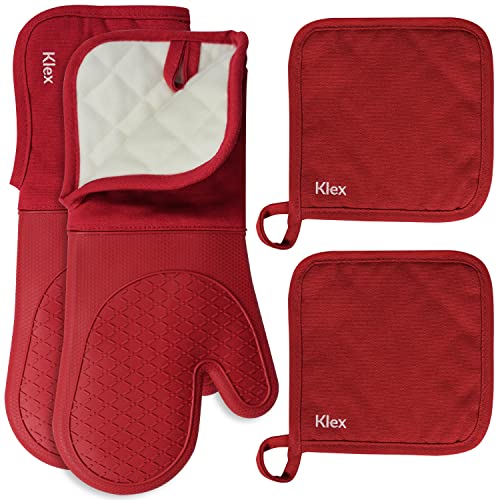 Extra Long Silicone Oven Mitts and Pot Holders (Oven Mitts Set / Red)